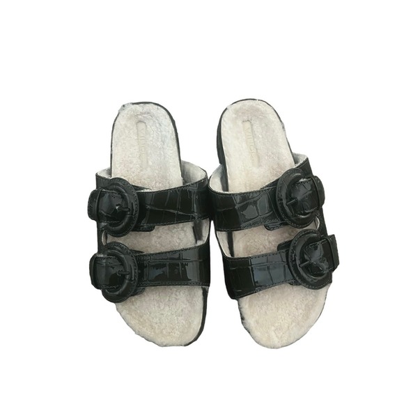 NWOT Vince Shearling Lined Croc-embossed Leather Sandals - Size 7 - Olive - Picture 2 of 5